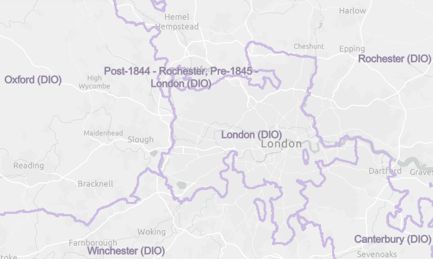 Dioceses around London from Family Search "1851 Jurisdictions"