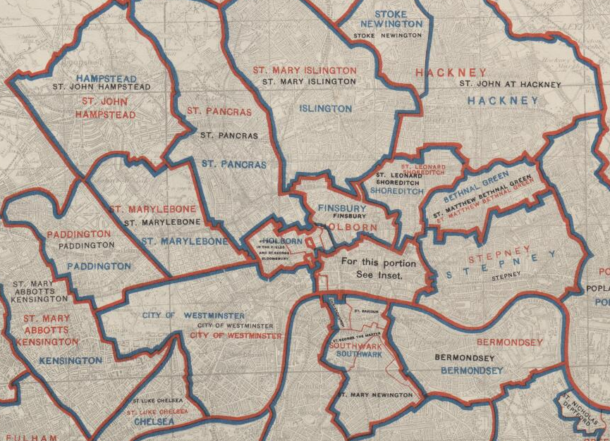 Vision of Britain: Map of London Boroughs (green), Unions (red), and parishes (fine red lines) as at 31 January 1928 (©2009-2025 University of Portsmouth and others)