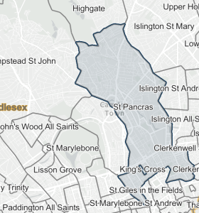 St Pancras Parish in 1851 from Family Search "1851 Jurisdiction"
St Pancras Christ Church is the unlabelled parish between St Pancras and Regent's Park
