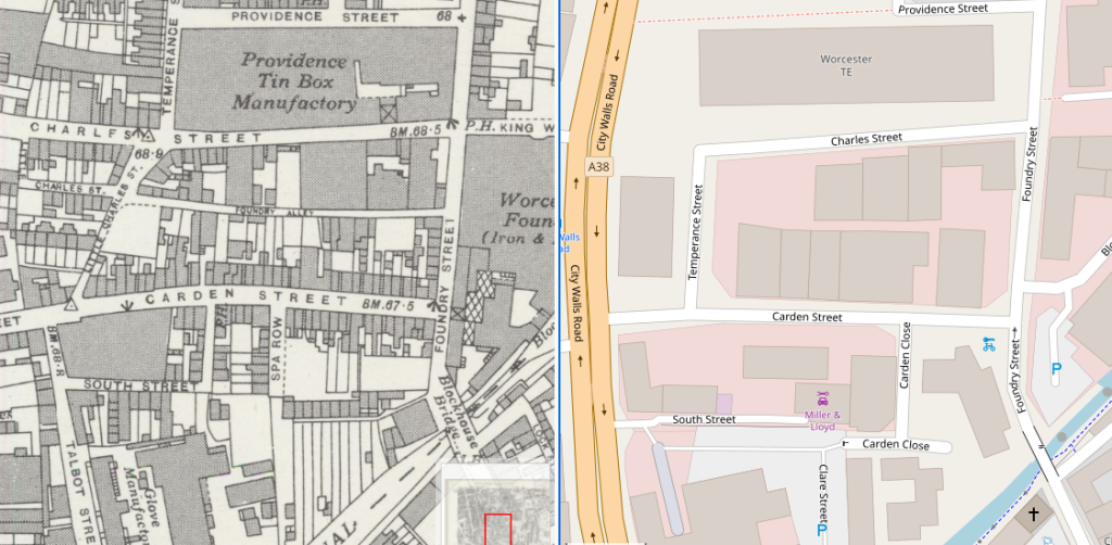 Side by side - Providence Works 1947 vs 2025 OpenStreetMap
Left: Ordnance Survey: 25 inch Worcestershire XXXIII.8
Revised: 1940, Published: 1947CC-BY (NLS) 'Reproduced with the permission of the National Library of Scotland'
Right: OpenStreetMap Creative Commons Attribution-ShareAlike 2.0 license (CC BY-SA 2.0) OpenStreetMap and its contributors
