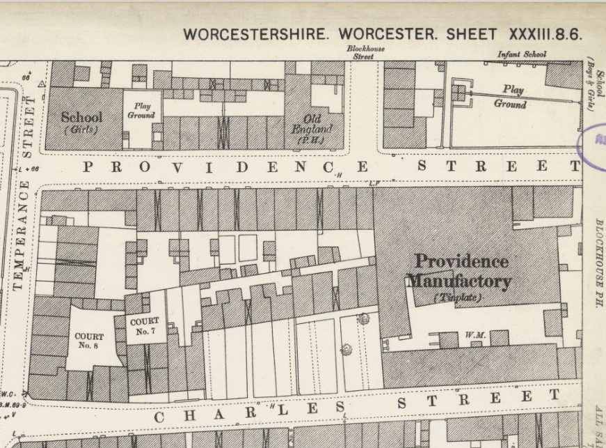 Ordnance Survey, Town Plans of England and Wales, 1840s-1890s, Worcester - Worcestershire XXXIII.8.6
Surveyed: 1884, Published: 1886.
Showing Providence Works CC-BY (NLS) 'Reproduced with the permission of the National Library of Scotland'